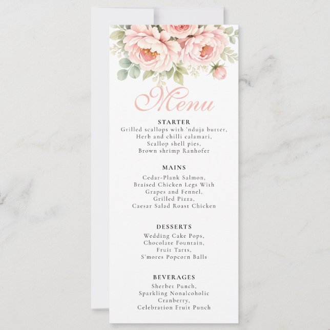 Carte de Menu de Mariage Rose Pivoine (Devant)