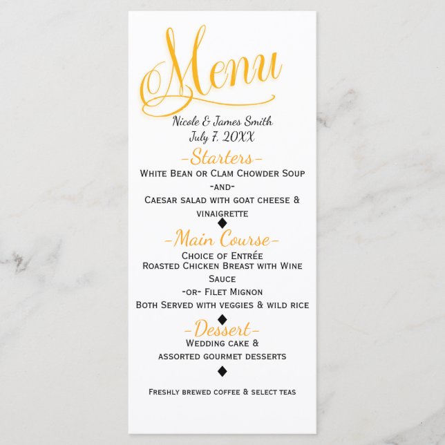 Carte de menu de mariage simple et élégante Jaune  (Devant)