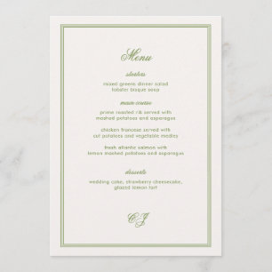 Carte de menu de mariage vert argent ancien