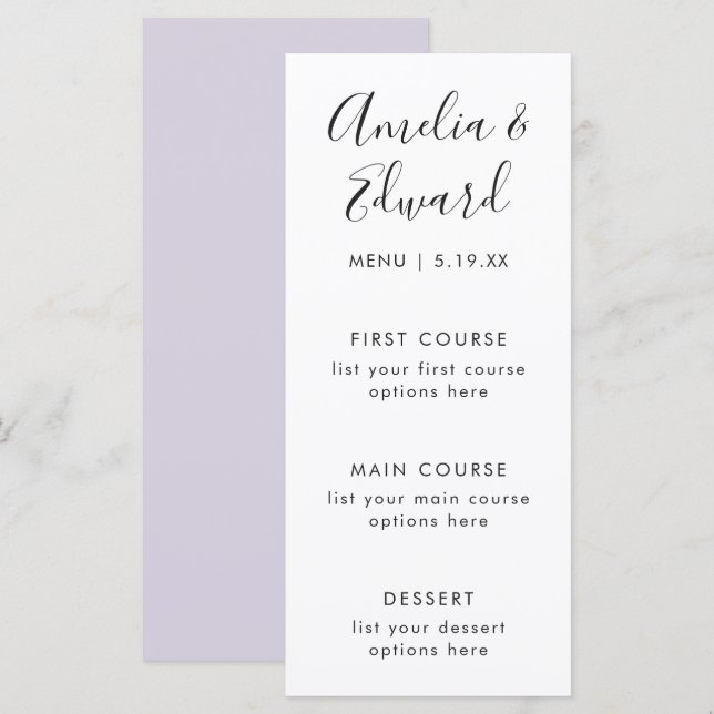 Carte de menu de Mariage violet gracieux (Devant / Derrière)
