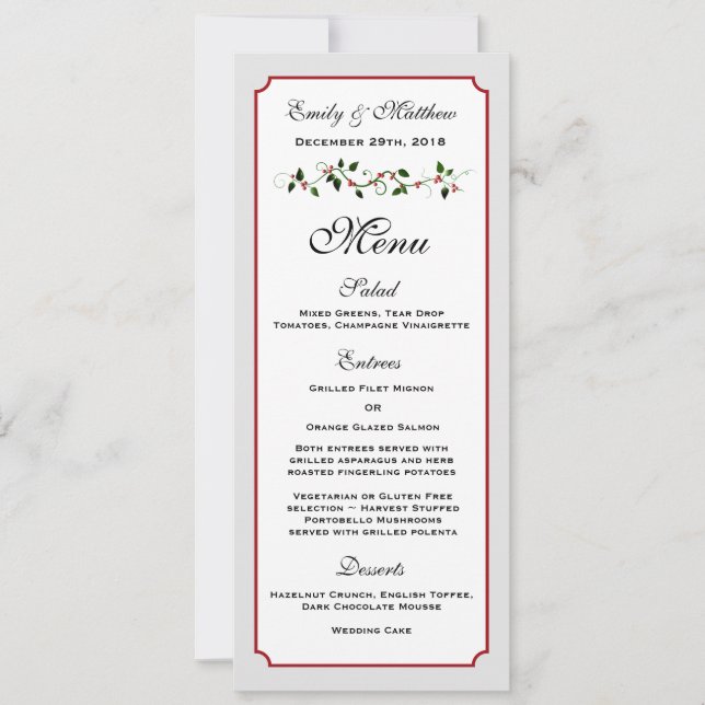 Carte de menu de réception de mariage de vacances  (Devant)