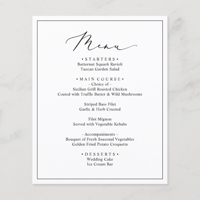 Carte de menu de réception de mariage simple et él (Devant)