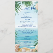 Carte de menu de réception de mariage sur la plage
