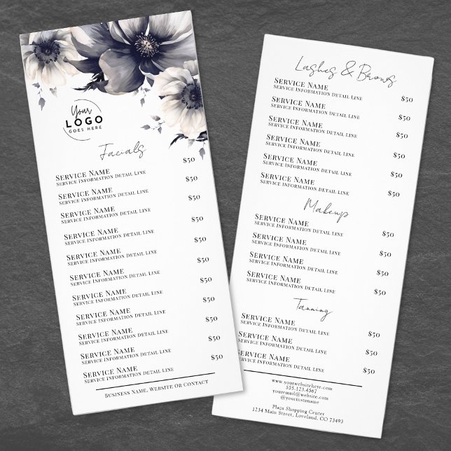 Carte de menu de services de spa élégant noir et b (Black White Elegant Spa Services Menu Rack Card)