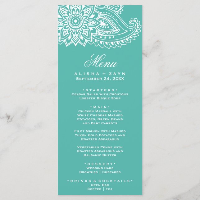 Carte de menu du dîner indien turquoise Paisley (Devant)