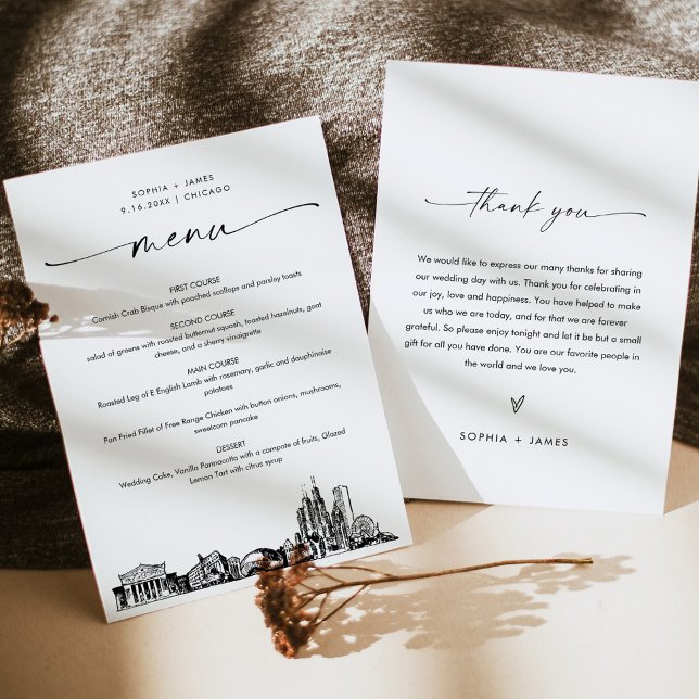 Carte de menu du dîner Mariage de Chicago Skyline  (Créateur téléchargé)
