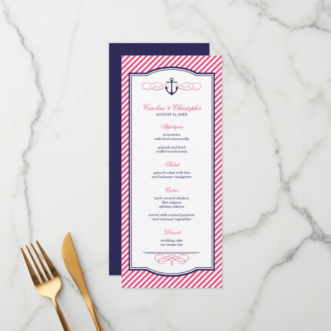 Carte de menu du Mariage d'Ancres nautiques Marine (Devant/Arrière en situation)