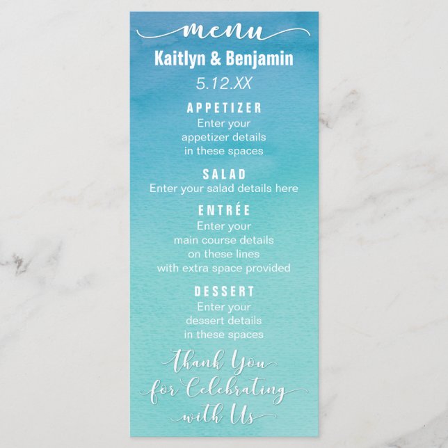 Carte de menu du Mariage d'aquarelle Ombre bleu et (Devant)