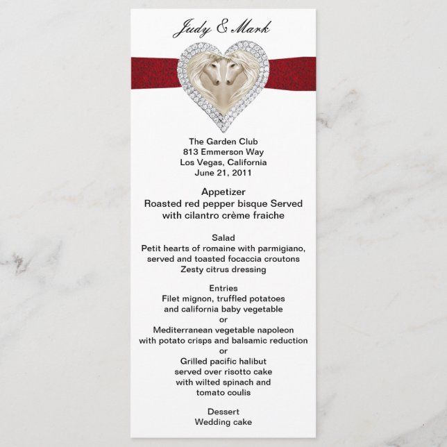 Carte de menu du Mariage de dentelle rouge Unicorn (Devant)