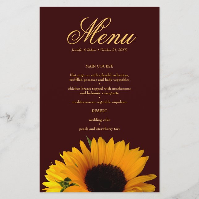 Carte de menu du Mariage de tournesol rustique (Devant)