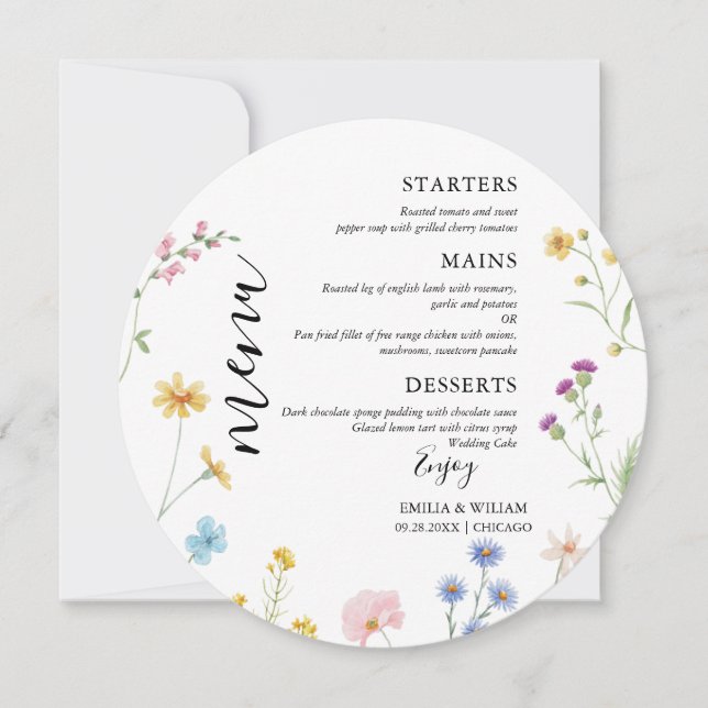 Carte de menu du Mariage du Fleur sauvage botaniqu (Devant)