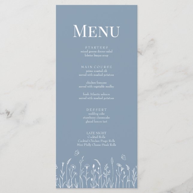 Carte de menu Dusty Blue Fleur sauvage et Butterfl (Devant)