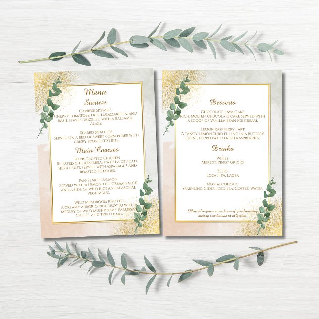 Carte de menu Elegant Green & Gold Mariage (Elegant Green & Gold Wedding Menu)