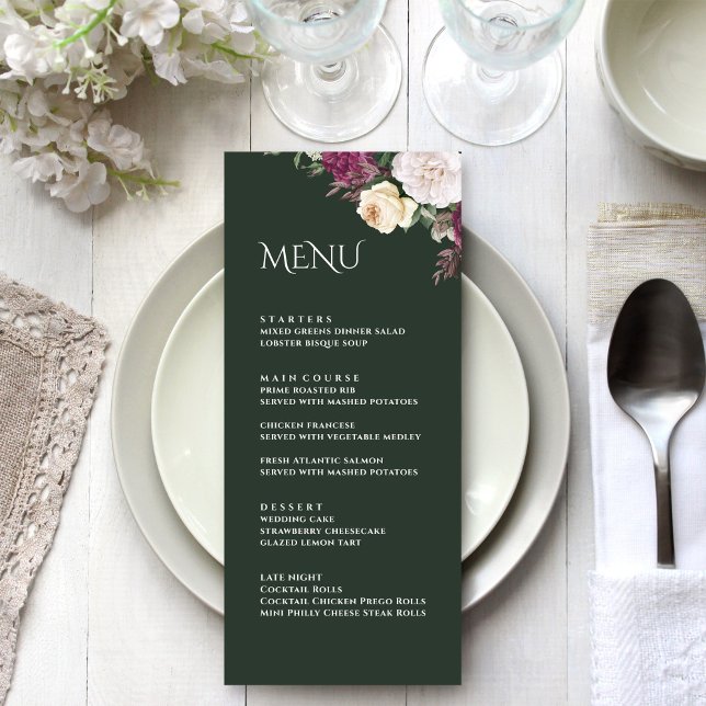 Carte de menu Emerald Green Burgundy Peonies (Modern Emerald Green Burgundy Peonies Menu Card on an elegant wedding table)