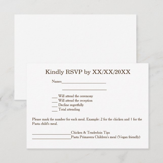 Carte de menu et RSVP personnalisées pour mariée e (Devant / Derrière)