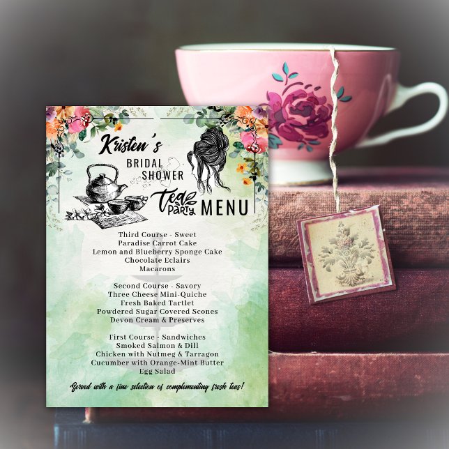Carte de menu Fête des mariées Tea Party (Créateur téléchargé)