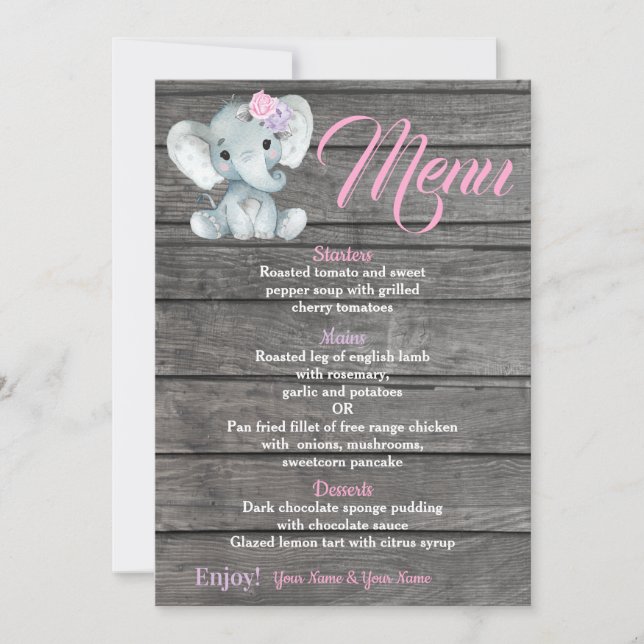 Carte de menu Fille Eléphant pour Baby shower anni (Devant)