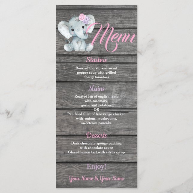 Carte de menu Fille Eléphant pour Baby shower anni (Devant)