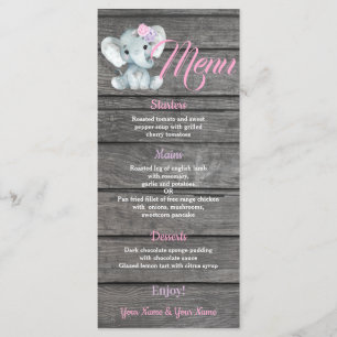 Carte de menu Fille Eléphant pour Baby shower anni