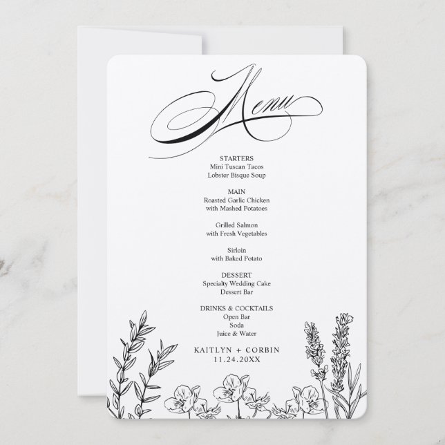 Carte de menu Fleur sauvage sombre élégante (Devant)