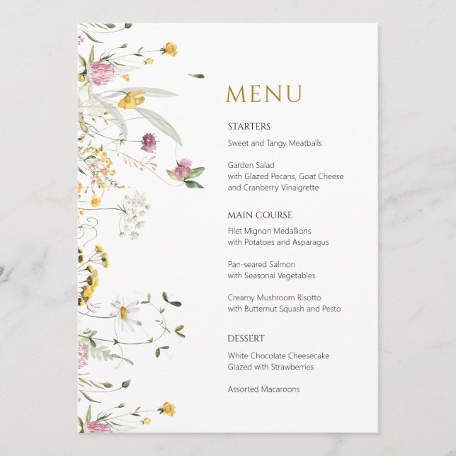 Carte de menu Fleurs sauvages roses jaunes (Devant)