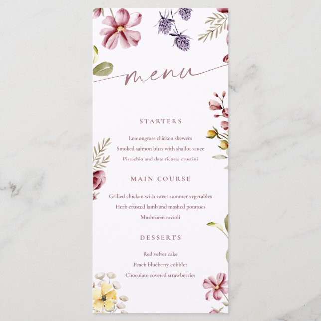 Carte de menu Floral Calligraphie fleur sauvage (Devant)
