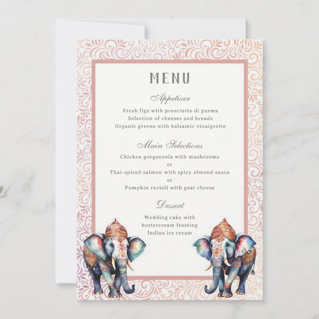Carte de menu Floral Indien Mariage Elephant Récep (Devant)
