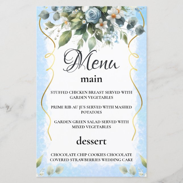 Carte de menu Floral Rustic Blue and Gold (Devant)