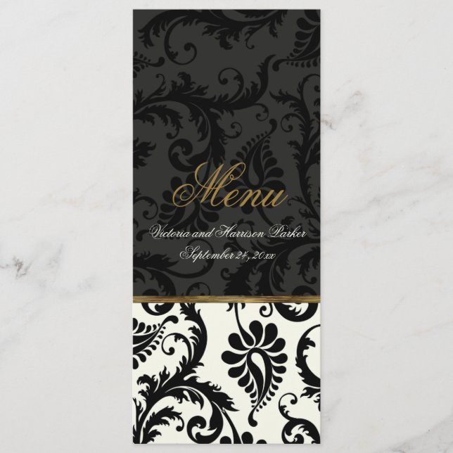 Carte de menu Ivory, Gold, Black Mariage damassé (Devant)