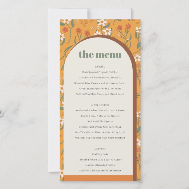 Carte de menu Jaune Super Retro Arch Floral Mariag (Devant)