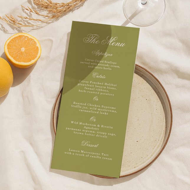Carte de menu longue calligraphie vert olive pour  (Créateur téléchargé)