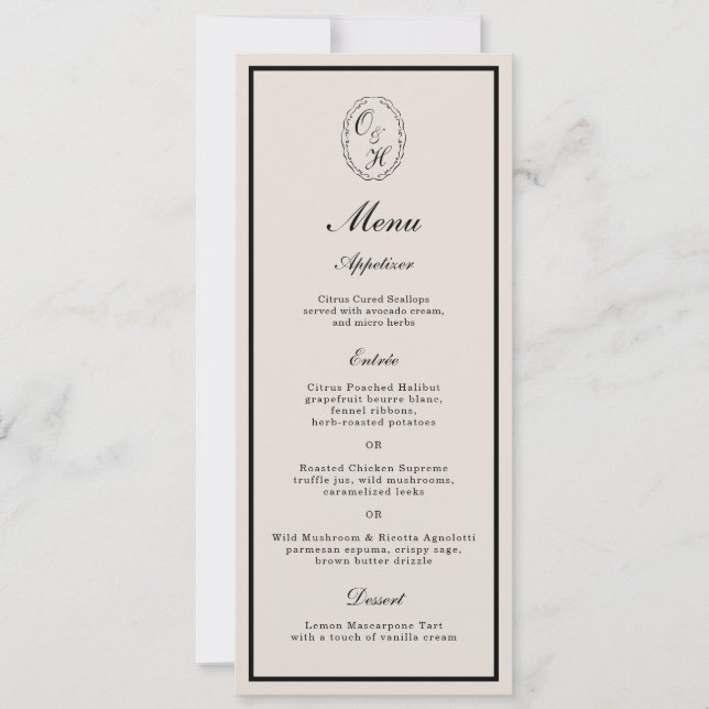 Carte de menu longue classique de mariage Monogram (Devant)