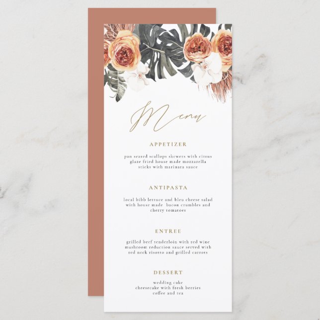 Carte de menu longue Mariage KINSLEY Boho Terracot (Devant / Derrière)