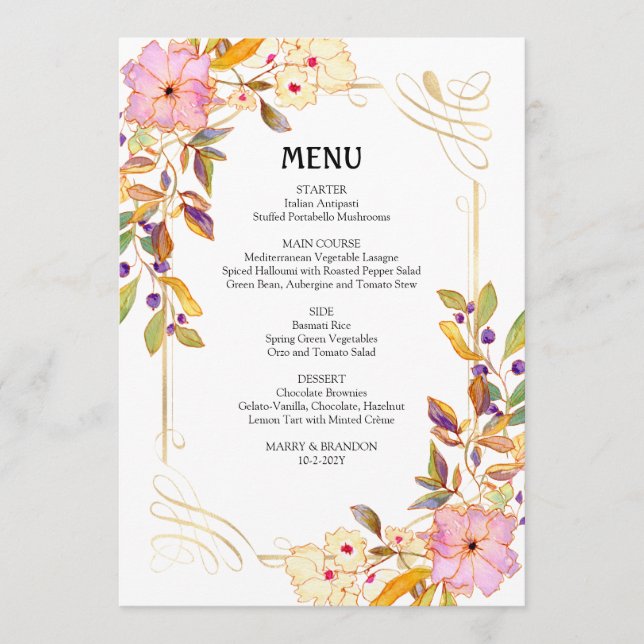 Carte de menu Mariage à fleurs de printemps (Devant)