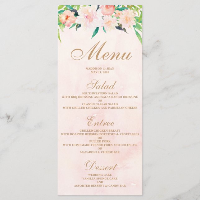 Carte de menu Mariage à l'aquarelle et à la florai (Devant)