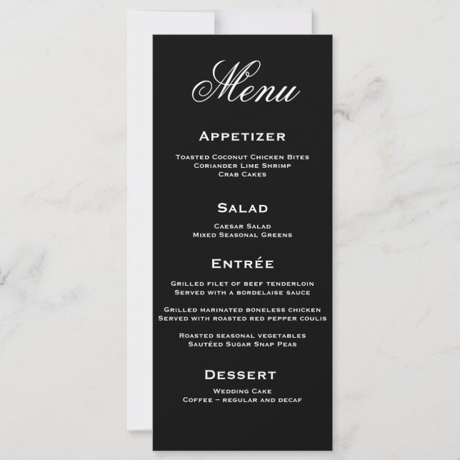 Carte de menu Mariage à script élégant noir et bla (Devant)
