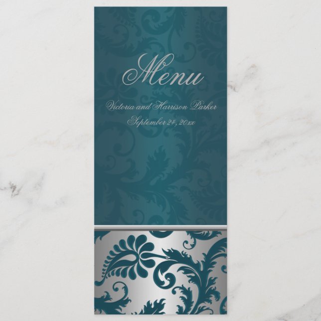 Carte de menu Mariage Argent et Turquoise Damask I (Devant)