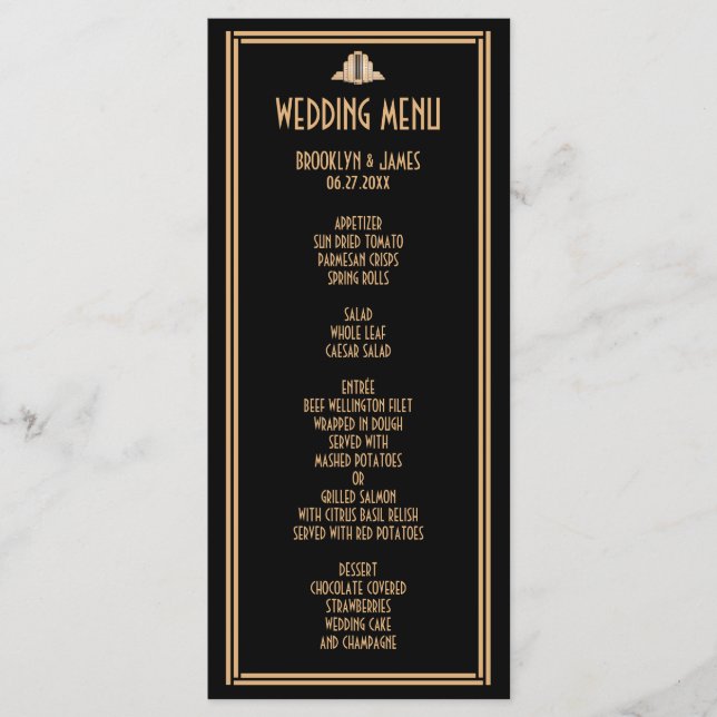 Carte de menu Mariage Art Déco Black Gold Great Ga (Devant)
