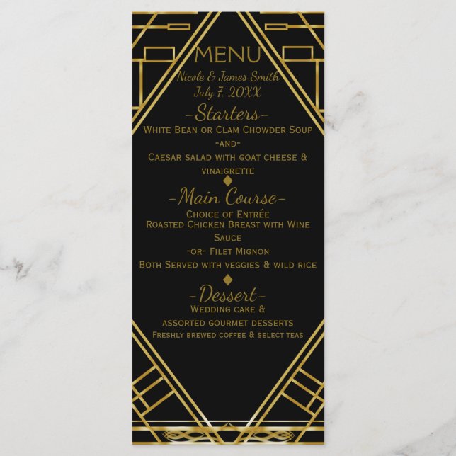 Carte de menu Mariage Art Déco Gold & Black Glamor (Devant)