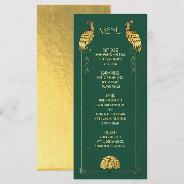 Carte de menu Mariage Art Déco Gold et Geen Peacoc (Devant / Derrière)