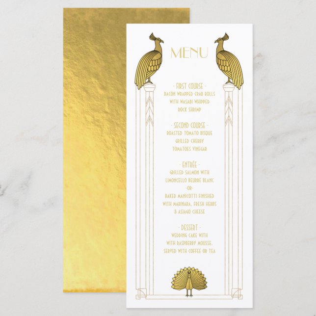Carte de menu Mariage Art Déco Gold et White Peaco (Devant / Derrière)