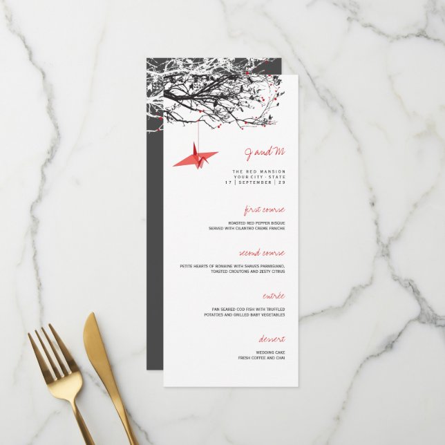 Carte de menu Mariage asiatique accrochage de grue (Devant/Arrière en situation)