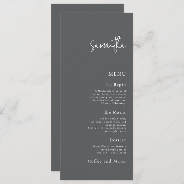 Carte de menu mariage avec nom d'hôte Gris (Devant / Derrière)