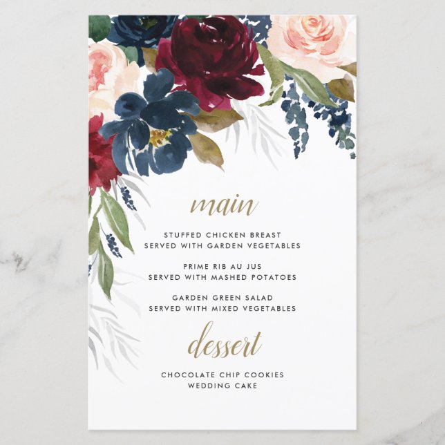 Carte de menu Mariage bleu bleu Bourgogne bleu ros (Devant)