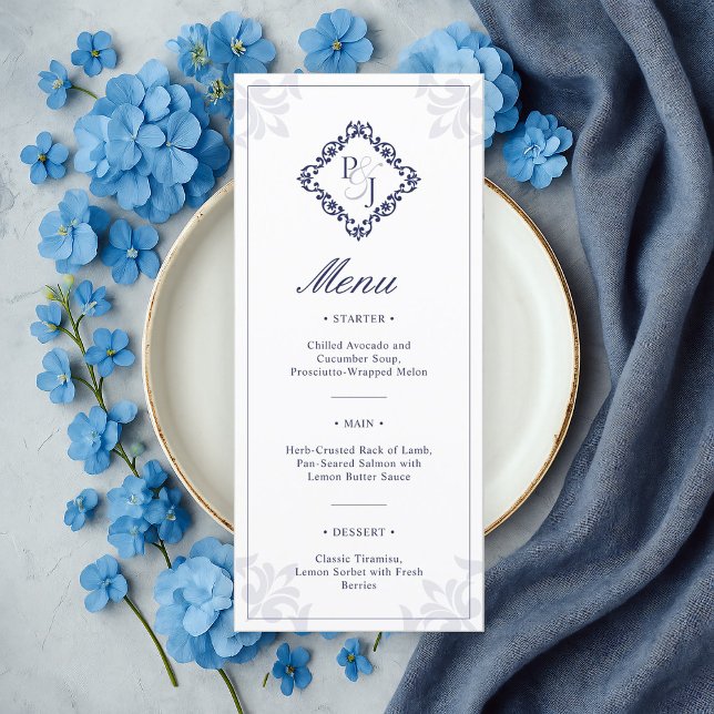 Carte de menu Mariage bleu classique de la marine (Créateur téléchargé)