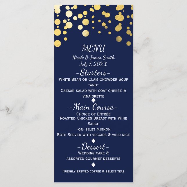 Carte de menu Mariage Blue & Faux Gold (Devant)