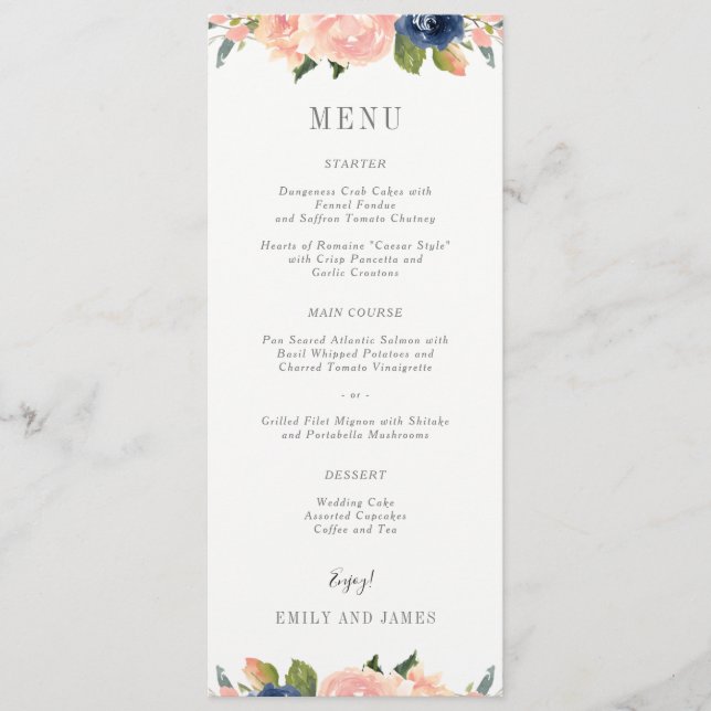 Carte de menu Mariage Blush de la Marine #NBC (Devant)