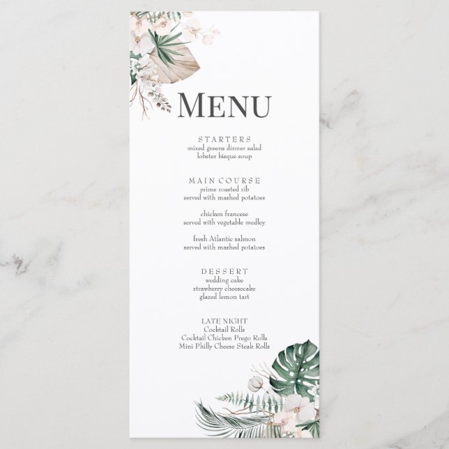 Carte de menu Mariage Boho Tropical Orchid & Monst (Devant)