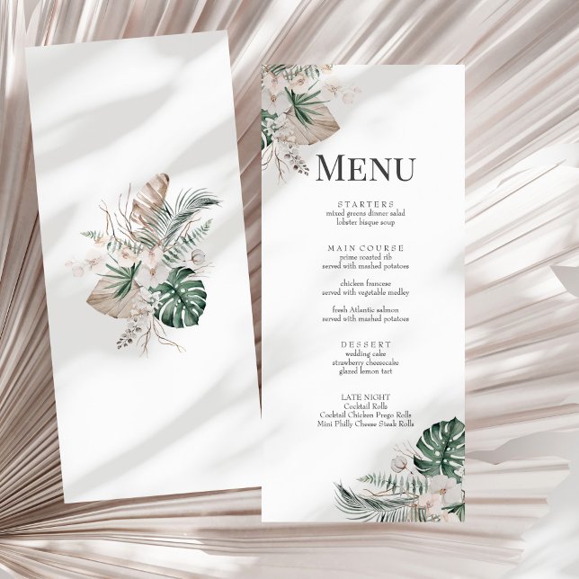 Carte de menu Mariage Boho Tropical Orchid & Monst (Boho Tropical Orchid & Monstera Wedding Menu Card on a sunny white dry palm leaf.)