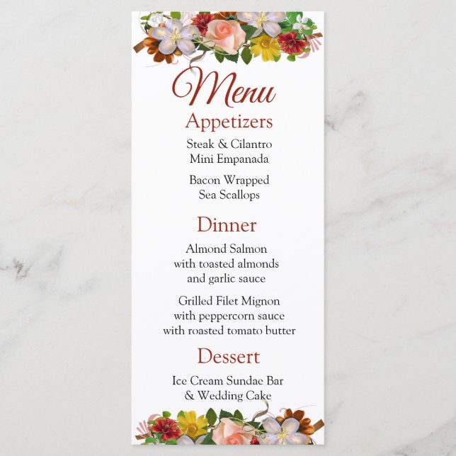 Carte de menu Mariage Bouquet or Rose décoratif (Devant)
